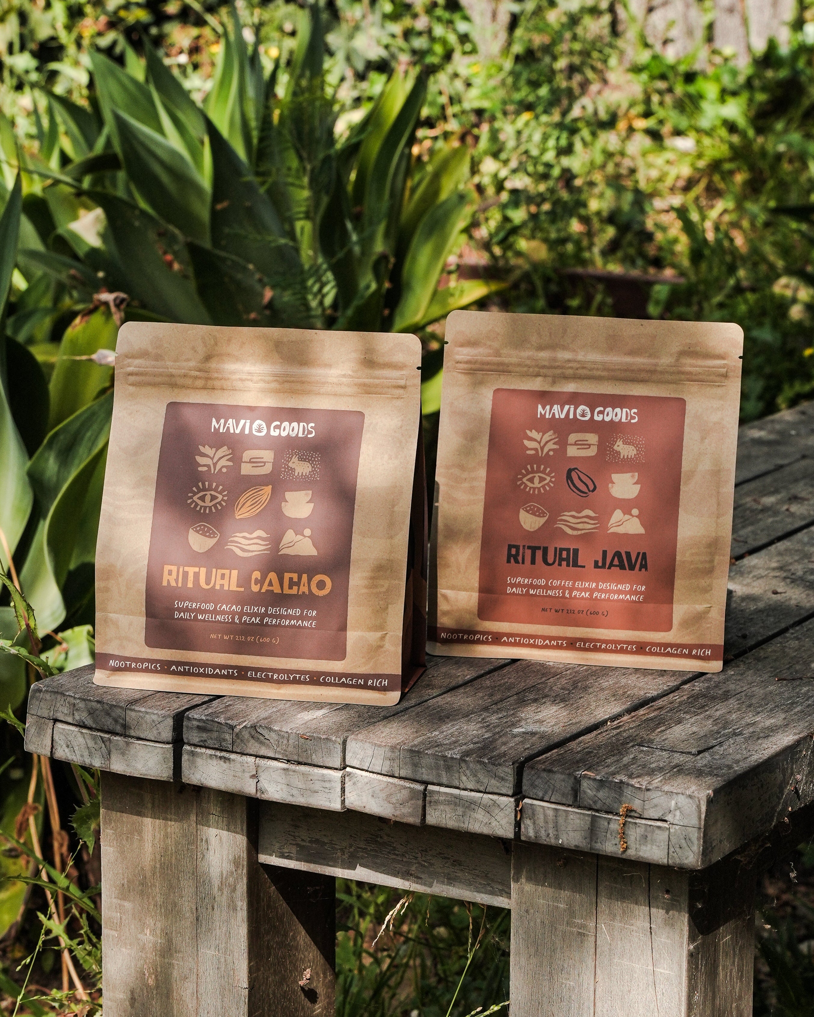 Ritual Cacao & Ritual Java — organic cacao and instant coffee superfood elixirs with grass-fed collagen, lion's mane, and colostrum, L-theanine, and natural electrolytes. Third-party tested.