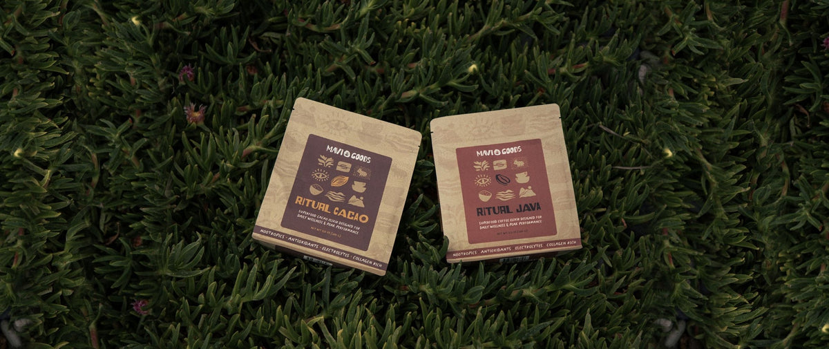 Bags of Ritual Cacao and Ritual Java resting on green ice plant