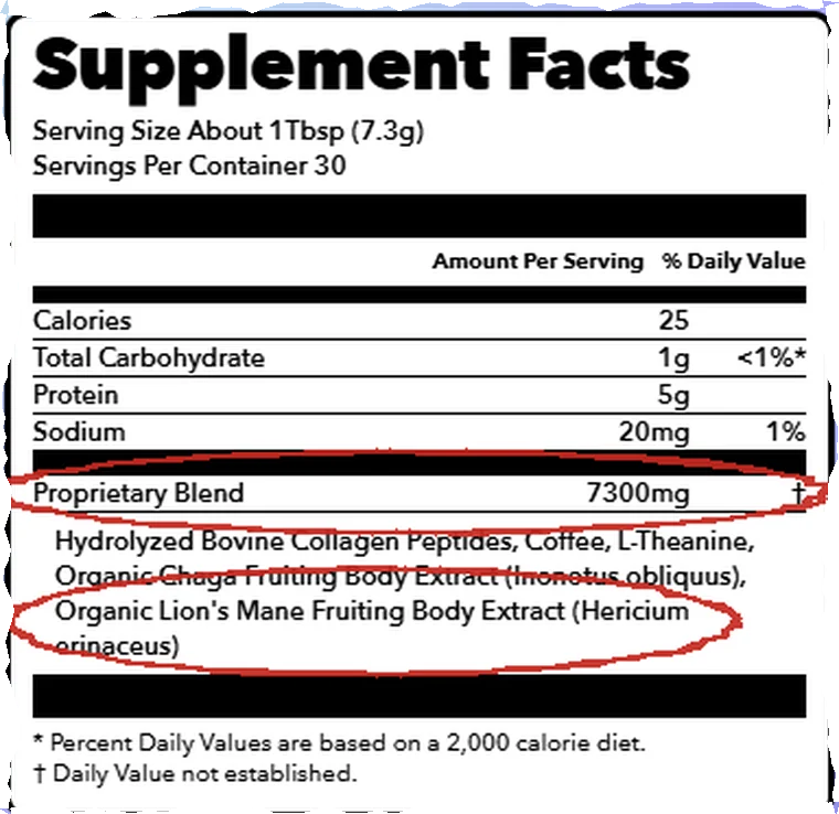 Everyday Dose Coffee+ Supplement Facts: 7,300mg proprietary blend with lion's mane amount not disclosed