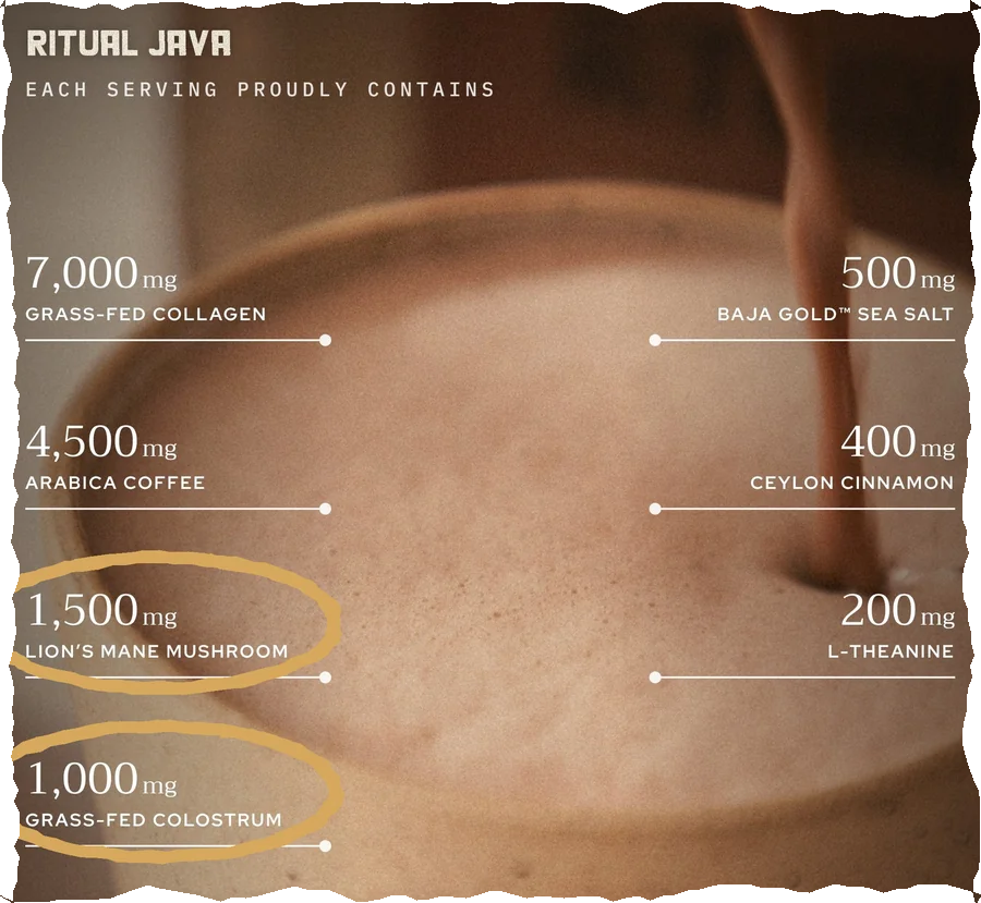 Mavi Ritual Java per serving: 1,500mg lion's mane mushroom and 1,000mg grass-fed colostrum