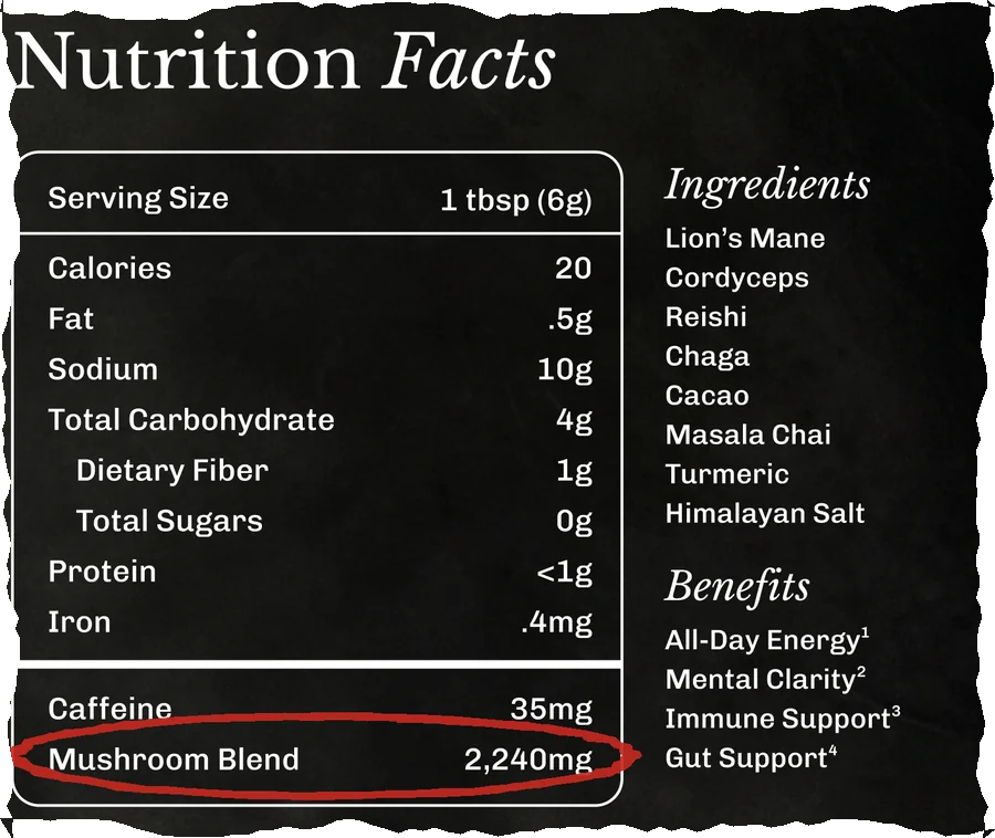 MUD\WTR :rise Nutrition Facts: 2,240mg mushroom blend