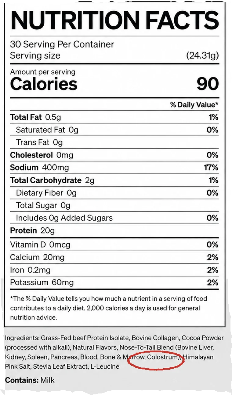 Noble Origins All-in-One Protein Nutrition Facts: colostrum inside a nose-to-tail blend with no amount listed