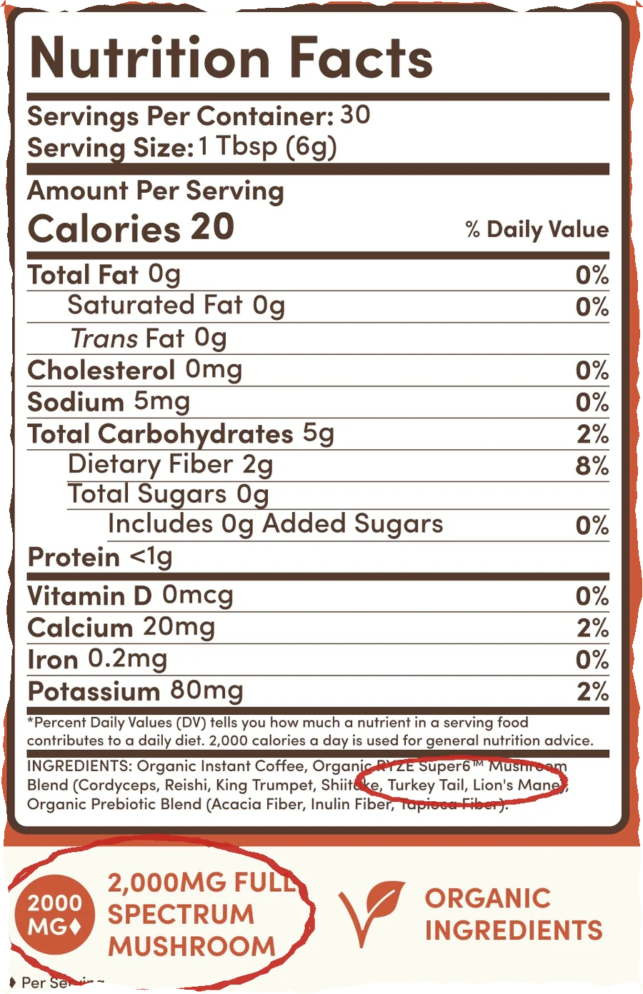 RYZE Mushroom Coffee Nutrition Facts: 2,000mg mushroom blend across six mushrooms, no individual amounts listed